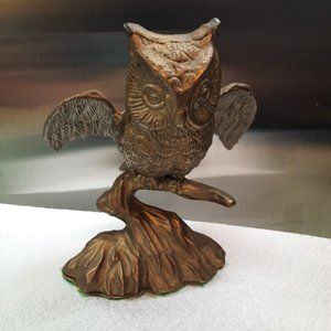 Bronze cast metal owl figurine on tree branch vintage